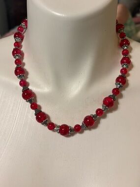 Red Beaded Necklace & Earring Set Silver Accents Women Jewelry 20”
